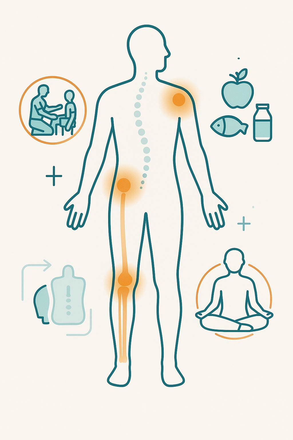 Minimal medical illustration of a human body outline with glowing joints (knee, hip, shoulder, spine) surrounded by icons for physiotherapy, nutrition, and wellness, in orange and teal colors on a light background.