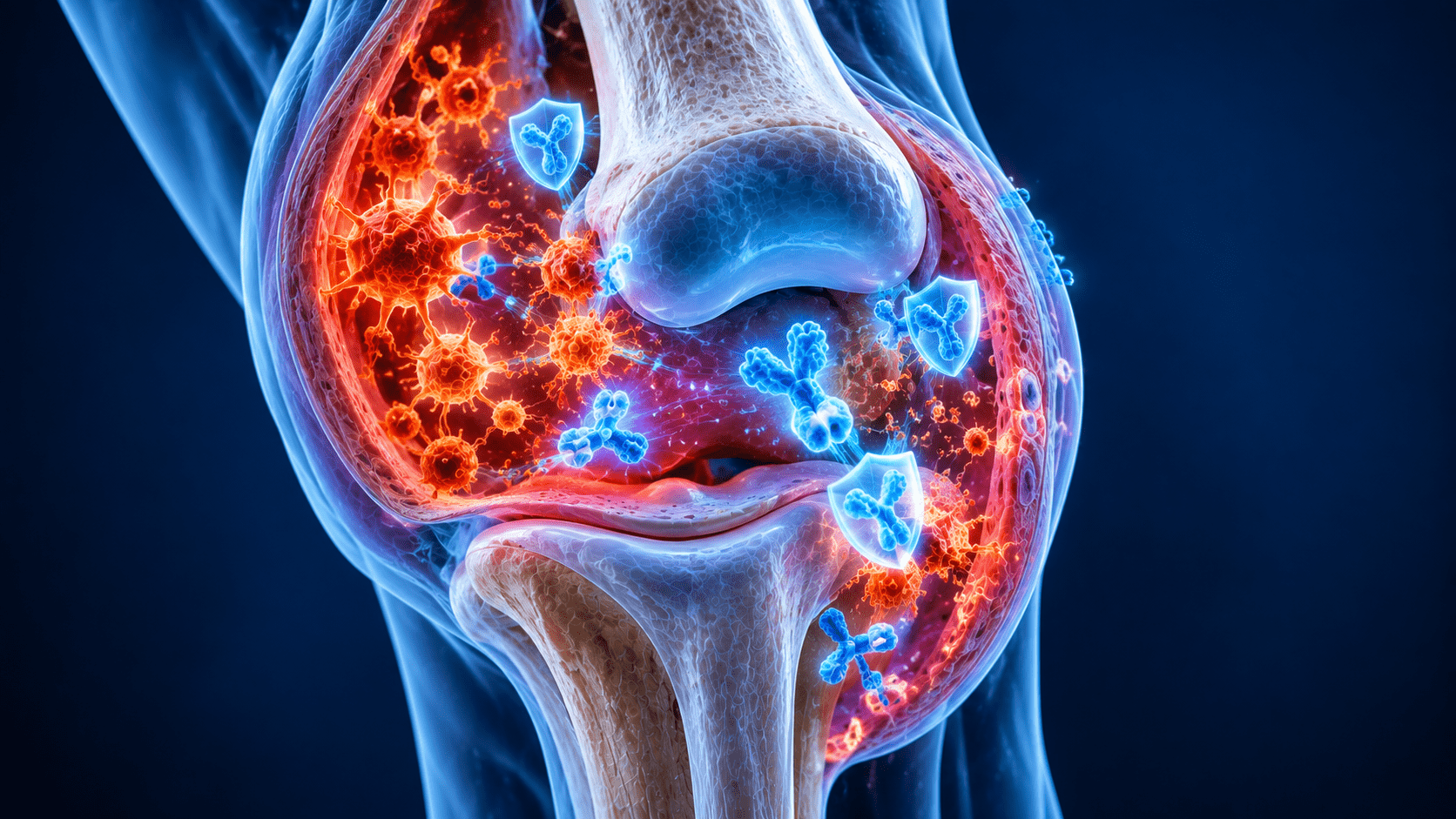 Medical 3D illustration of targeted biologic therapy and DMARDs suppressing autoimmune inflammation in joint lining Dr Devender Bairwa StepUp Joints Lajpat Nagar