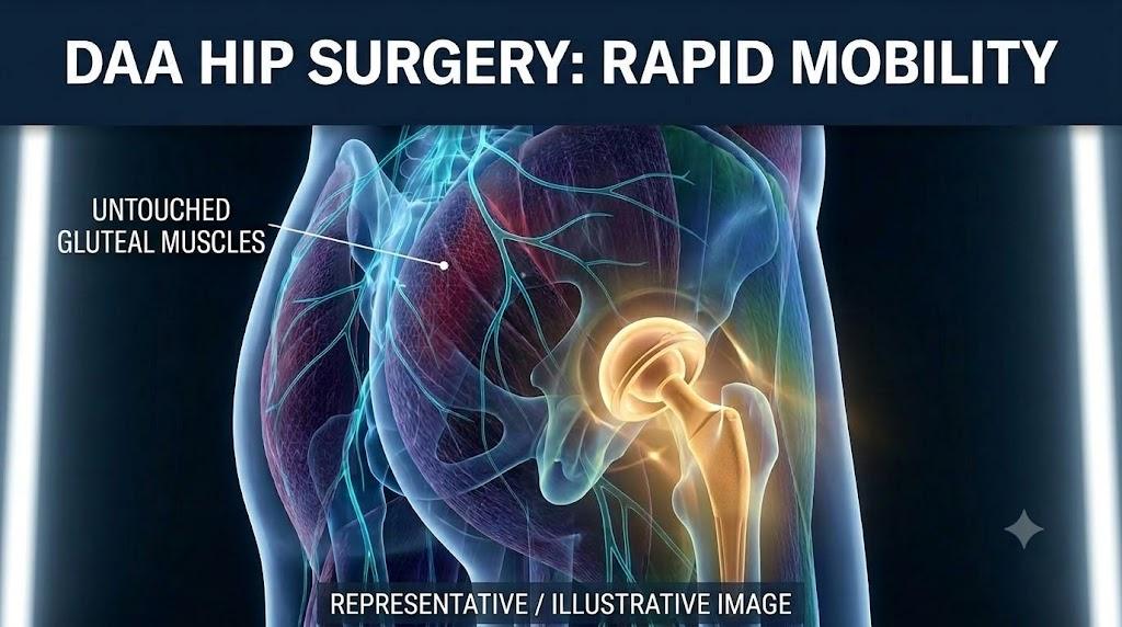 A medical composite illustration shows a human pelvic and gluteal region with a transparent muscle layer in red and blue tones, revealing the skeletal hip joint structure. A highlighted golden-yellow total hip replacement implant is shown. Text at the top reads 'DAA HIP SURGERY: RAPID MOBILITY'. A pointer on the left indicates 'UNTOUCHED GLUTEAL MUSCLES'. At the bottom, a banner says 'REPRESENTATIVE / ILLUSTRATIVE IMAGE'. The image has a blue background with hexagonal light patterns.