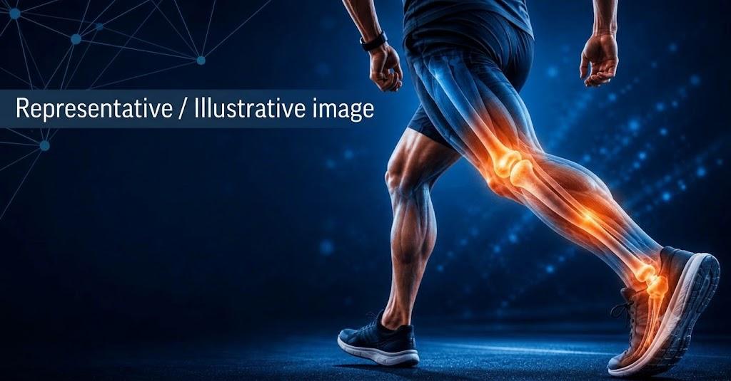 A back view of a male runner's legs in motion, showing an anatomical X-ray overlay on the right leg. The hip, knee, and ankle joints glow with a vibrant orange and red hue to indicate pain or inflammation against a dark blue background with abstract network lines.