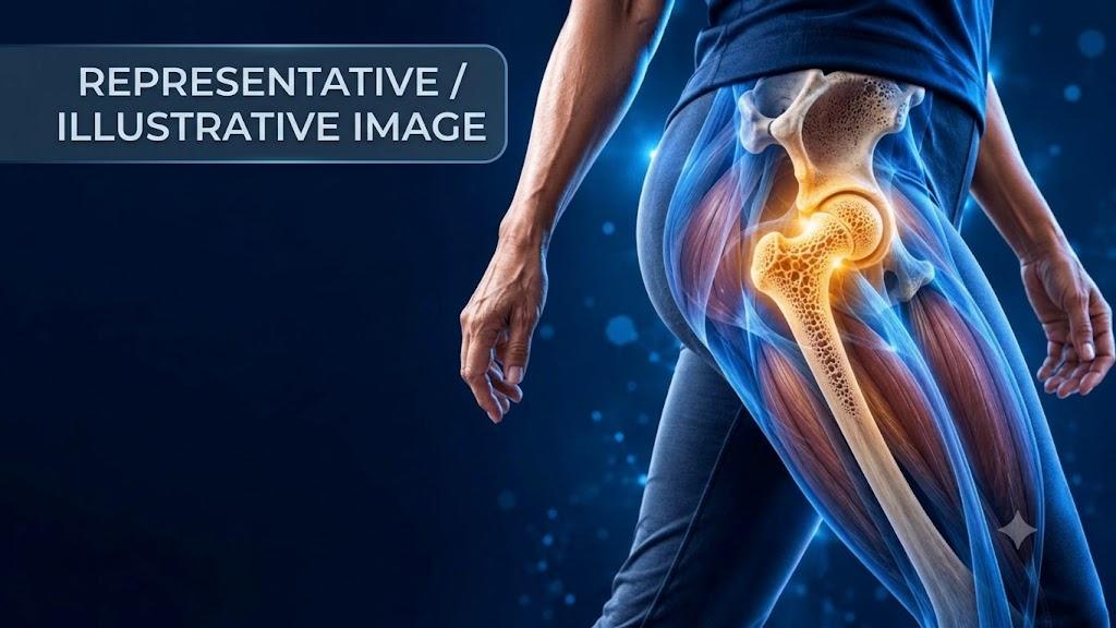 A medical illustration collage of the human lower body, from hip to thigh. It features a cross-section of the hip bone and femur with detailed cancellous and cortical bone structure, overlayed with detailed muscle groups in a blue-to-pink gradient. The image is on a dark blue background with bokeh lights and text that reads 'REPRESENTATIVE / ILLUSTRATIVE IMAGE'.