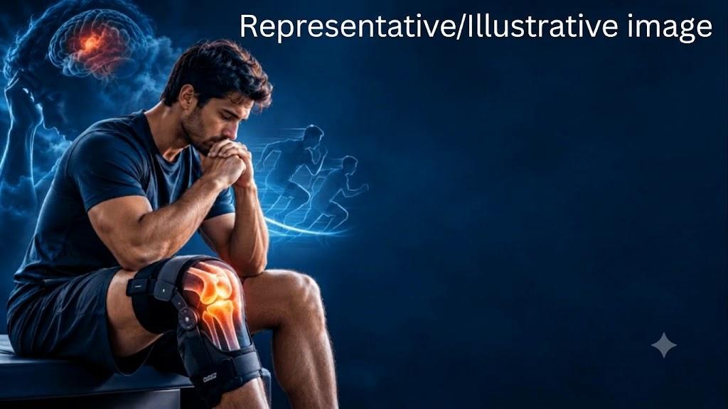 A seated male athlete in a knee brace, pensive, with running figures and a highlighted brain graphic. Internal knee joint details and text: "Representative/Illustrative image."