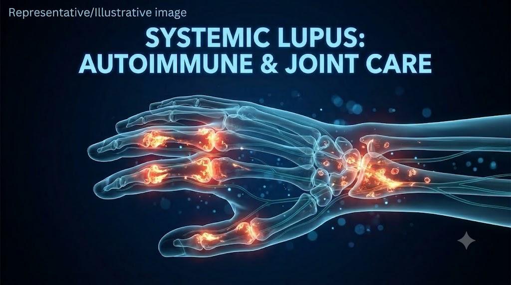 A detailed X-ray style illustration of a human hand and forearm skeleton on a dark blue background. Multiple joints, especially the knuckles and wrist bones, are brightly highlighted with red and orange, indicating areas of acute inflammation and pain. Light-blue particle effects are scattered around. Text at the top left says "Representative/Illustrative image," and large light-blue text below it reads "SYSTEMIC LUPUS: AUTOIMMUNE & JOINT CARE."