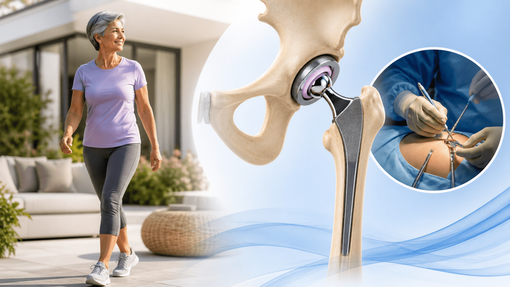 Bikini approach hip replacement showing hip implant and patient walking after surgery