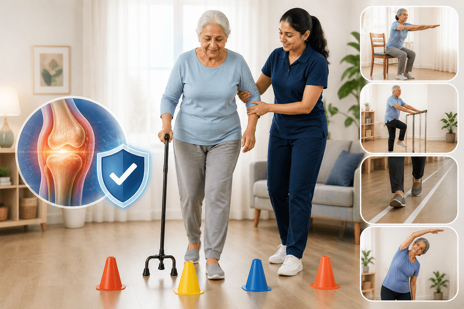 Senior woman practicing balance and mobility exercises with a physiotherapist for fall prevention