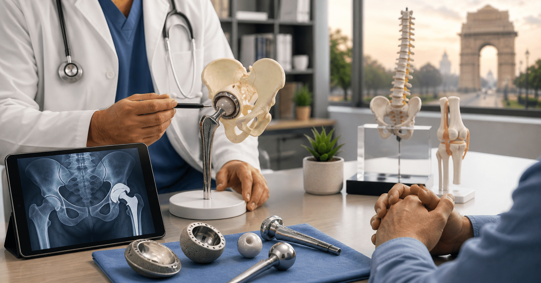 Doctor explaining hip replacement surgery and implant options to a patient in Delhi