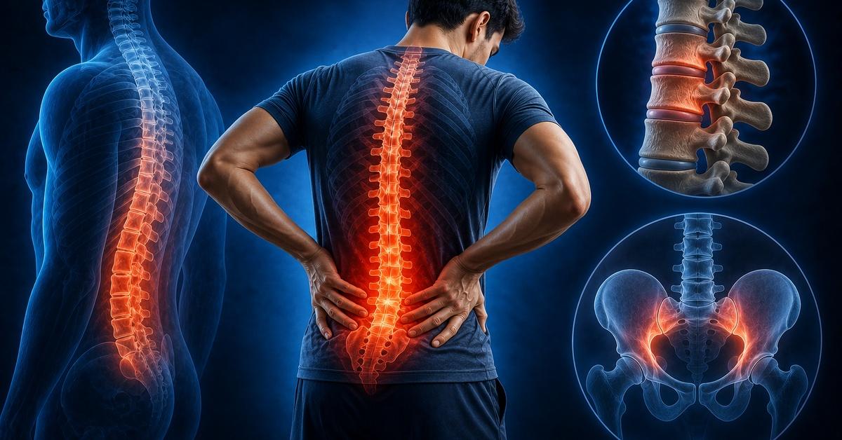 Man experiencing lower back pain with highlighted spine