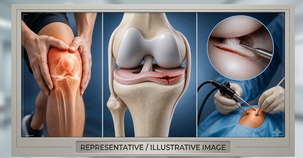 A medical composite image showing a person with knee pain, a 3D model of a torn meniscus, and arthroscopic surgery. Below the collage, a text field states "REPRESENTATIVE / ILLUSTRATIVE IMAGE."
