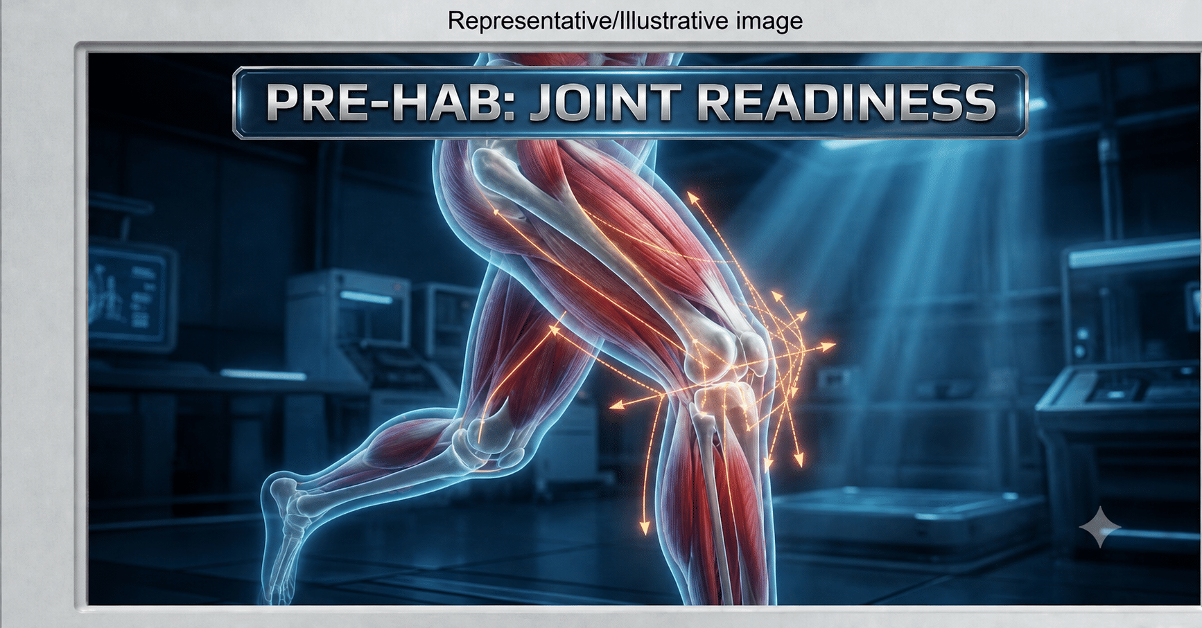 Pre-habilitation joint readiness illustration showing leg muscles, bones, and knee biomechanics.