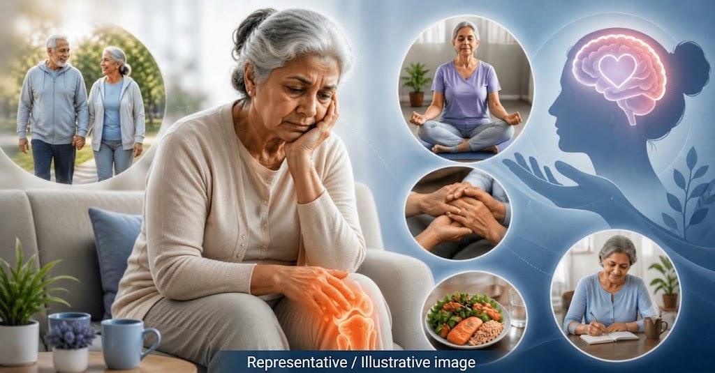 A central image of an elderly South Asian woman with gray hair, sitting on a couch and clutching her right knee, which glows red to indicate pain. A composite of smaller circular insets around her depict: a smiling couple walking; a woman meditating; hands supporting hands; a plate of healthy food; and a woman journaling. A large female profile with a brain-hear