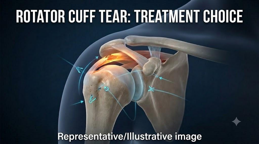 A medical illustration of a human shoulder joint showing the humerus, scapula, and clavicle bones. One of the rotator cuff tendons is clearly torn and glowing orange to indicate inflammation and injury. Blue arrows point to the affected area. White text at the top says 'ROTATOR CUFF TEAR: TREATMENT CHOICE' and text at the bottom says 'Representative/Illustrative image'.