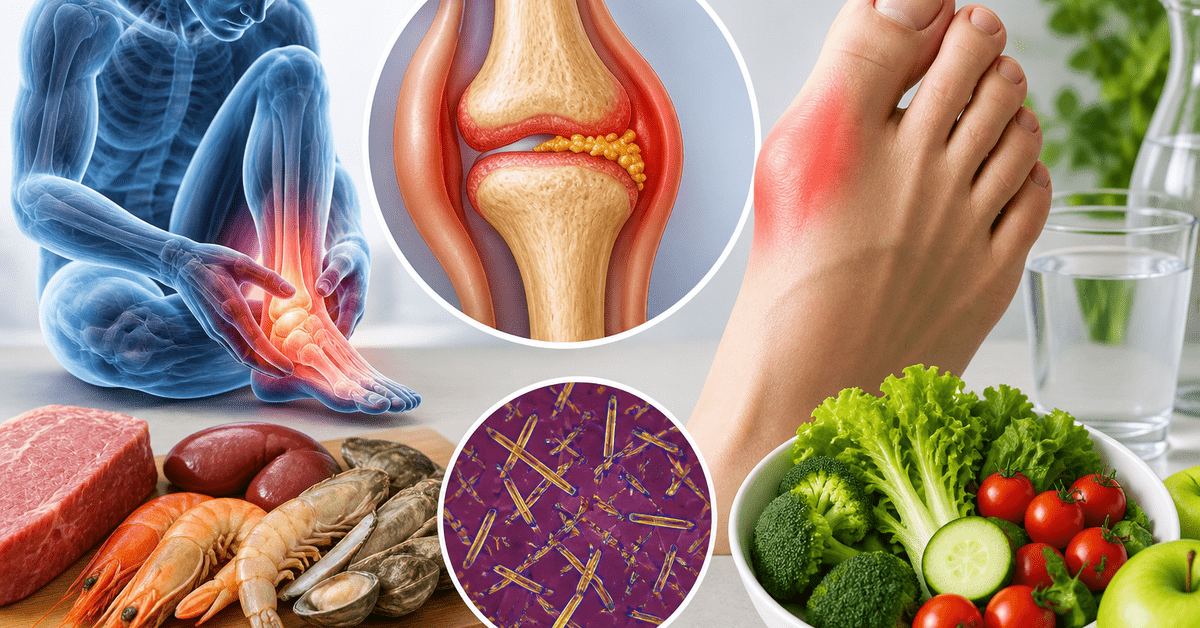 High uric acid and gout attack showing inflamed joint, uric acid crystal buildup, and healthy dietary choices