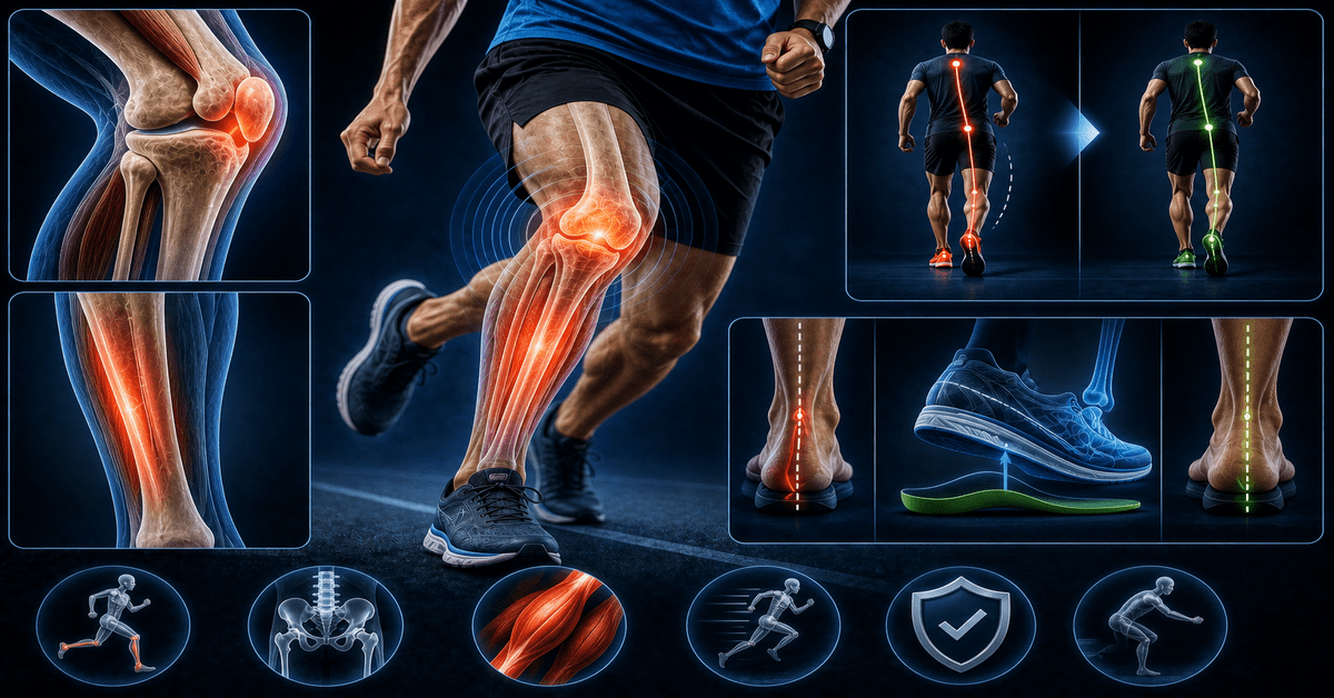 Knee pain in runners showing leg alignment, muscle strain, and footwear support
