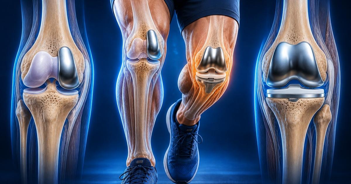 Knee replacement implant shown in a medical illustration