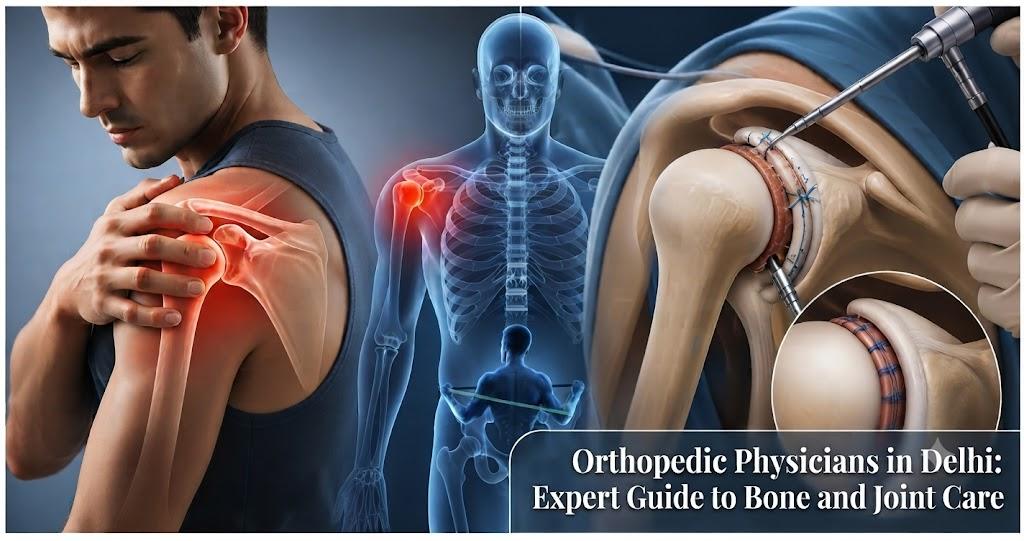 Medical composite: Man holding painful shoulder, anatomical skeleton with joint highlight, and surgical arthroscopy.