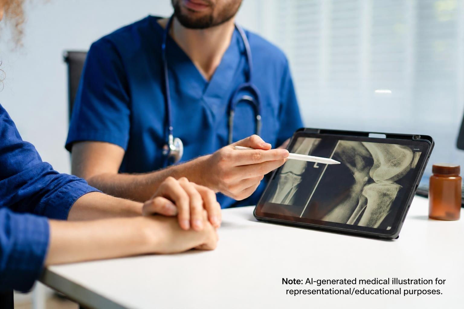 Orthopedic doctor explaining knee joint X-ray scan on a digital tablet to a patient during a consultation.