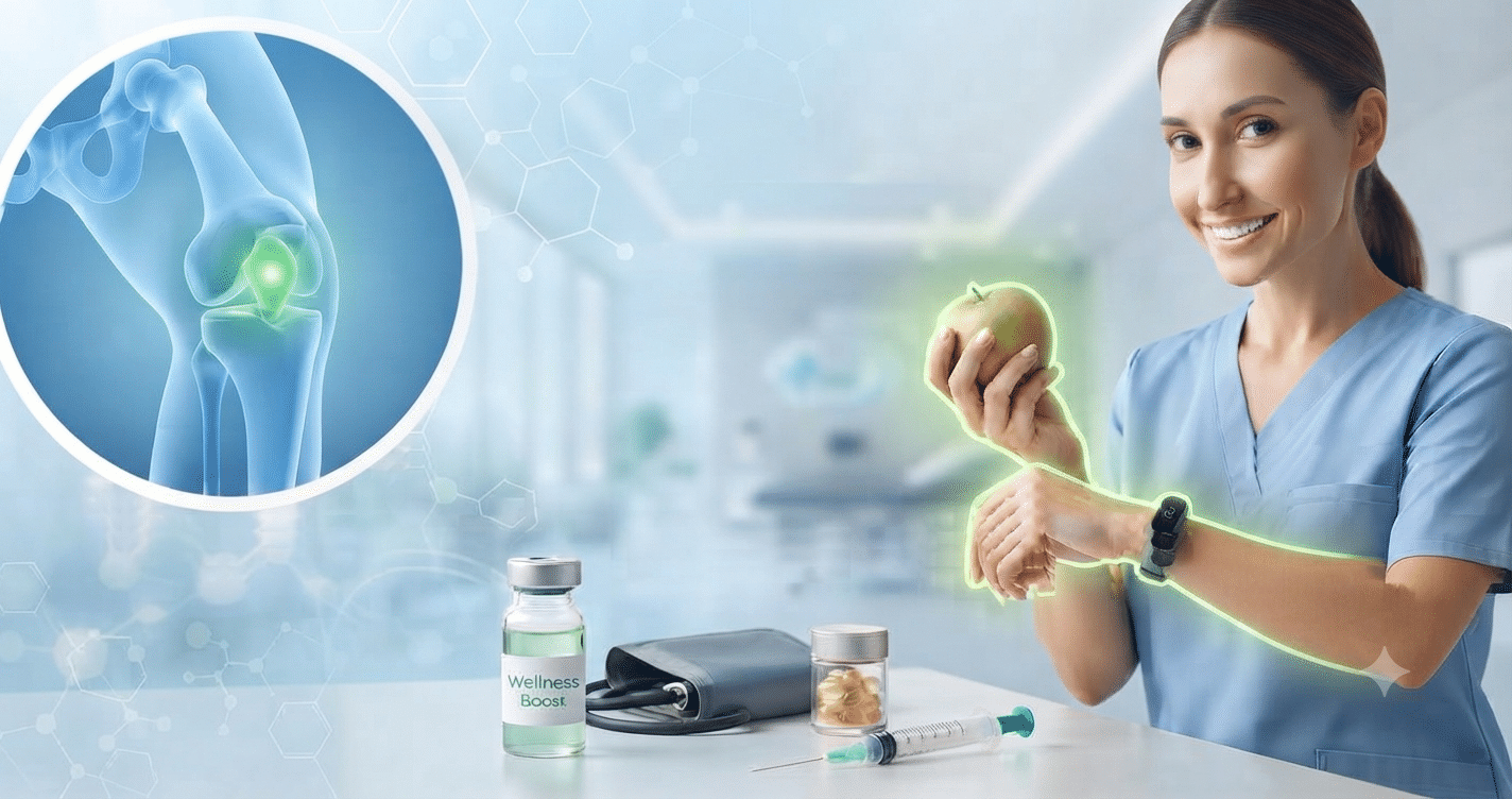 A healthcare professional in scrubs holding a glowing green apple and smartwatch, with a knee joint inset, representing proactive wellness in Delhi