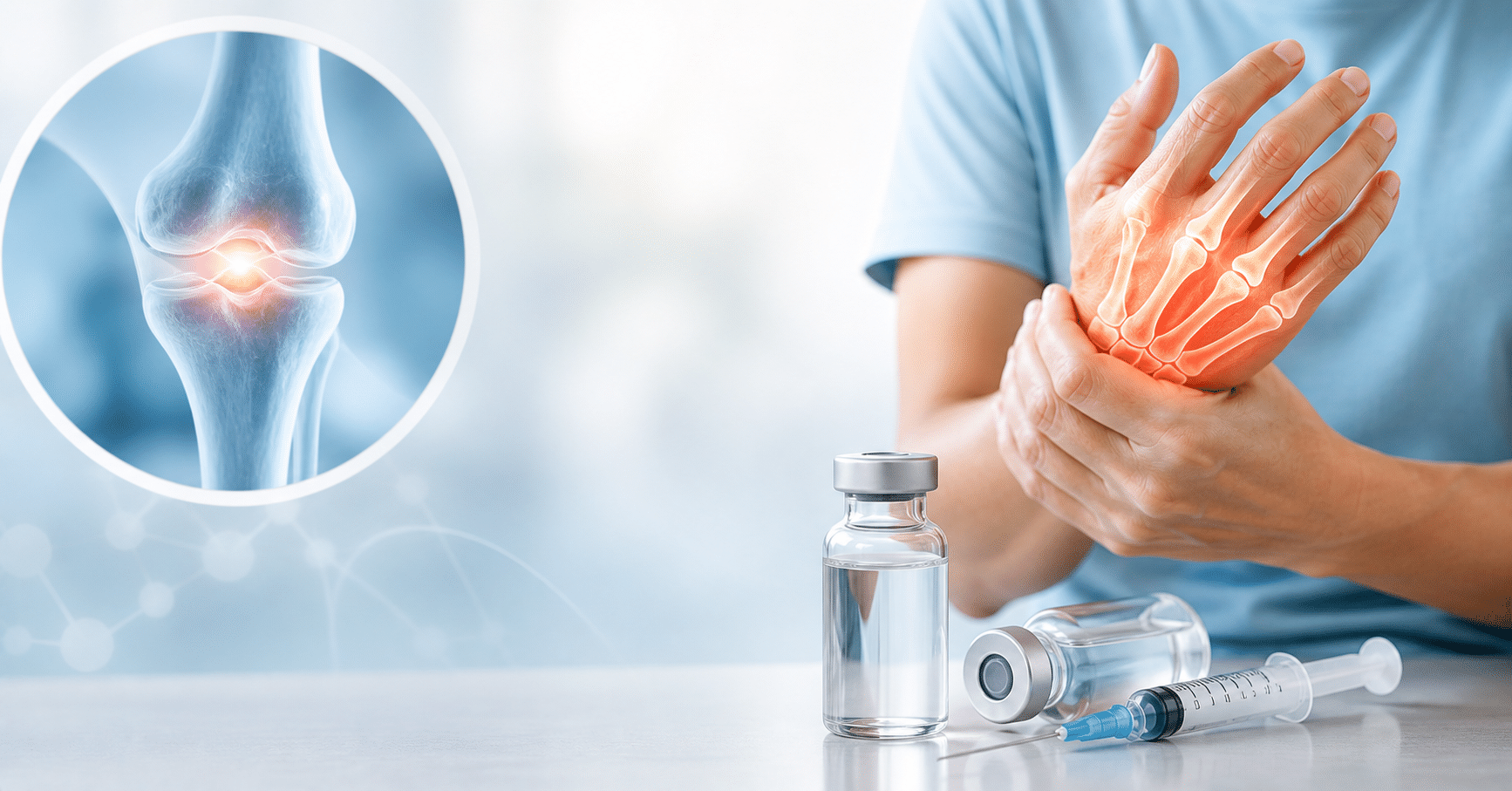 A person holding their hand in pain next to medical vials and a syringe, with an anatomical overlay showing joint inflammation.