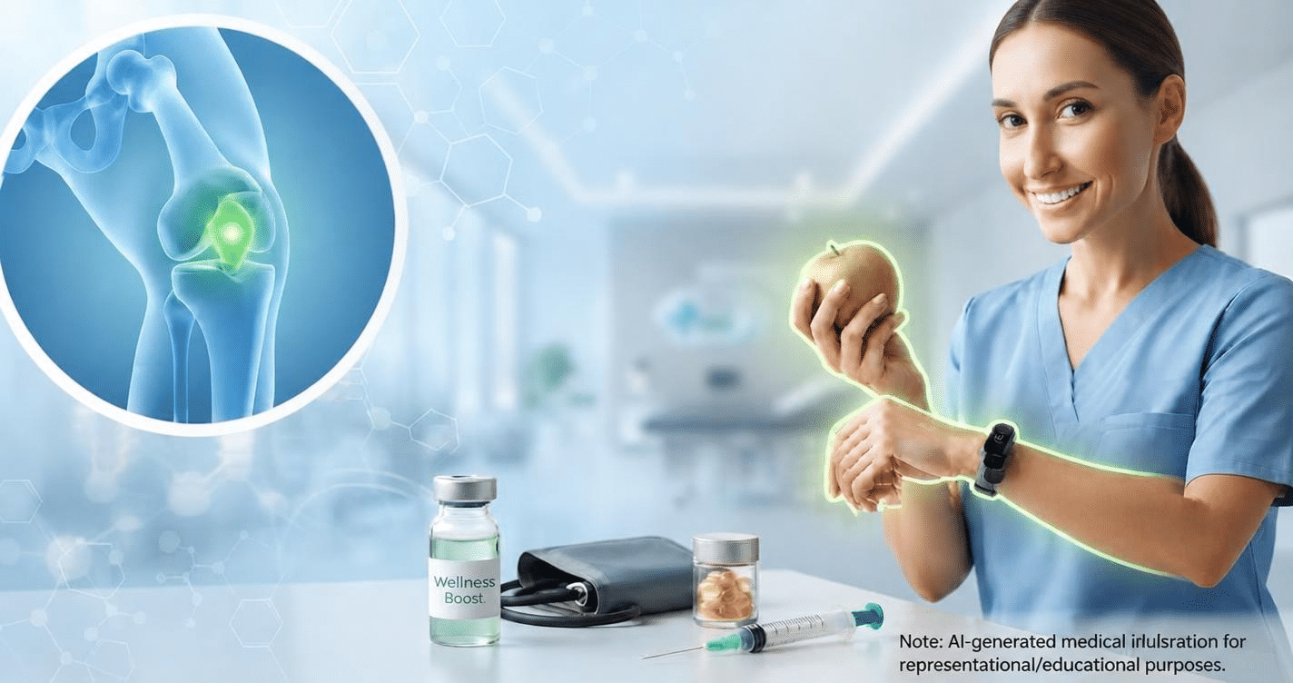 Healthcare professional holding a green apple next to medical supplies with a circular inset showing a glowing knee joint X-ray scan.