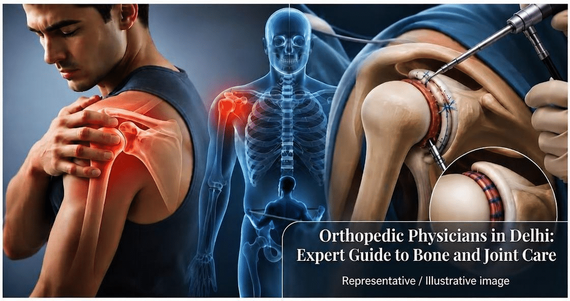 Man holding painful glowing shoulder joint alongside a full-body skeleton graphic and a detailed arthroscopic shoulder surgery diagram with title Orthopedic Physicians in Delhi: Expert Guide to Bone and Joint Care.