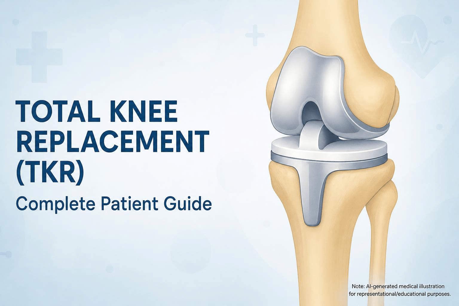Anatomical diagram of a total knee replacement implant on a human knee joint alongside headline text Total Knee Replacement TKR Complete Patient Guide.