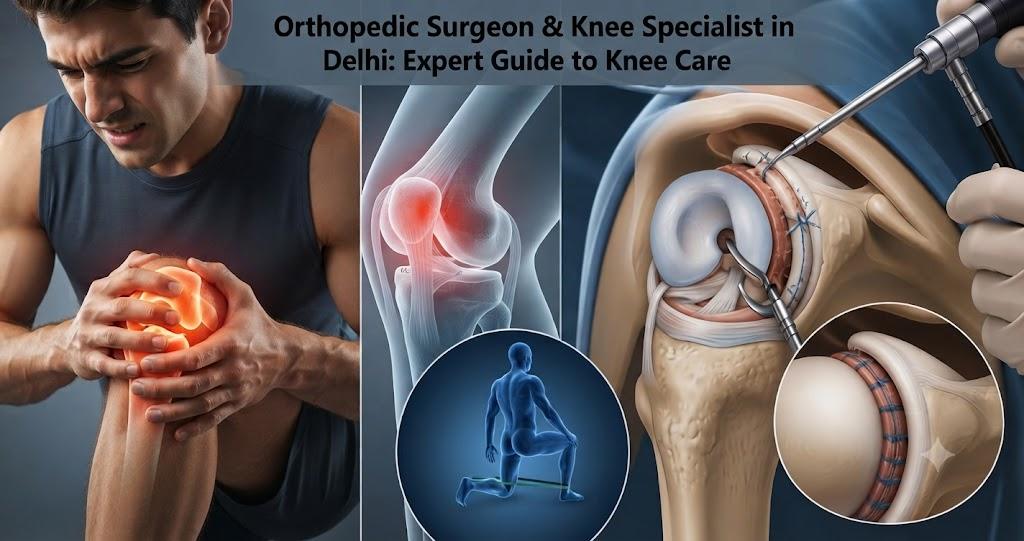 A composite medical infographic showing a patient with knee pain on the left, a digital anatomical illustration of an inflamed knee joint in the center, and a detailed diagram of arthroscopic knee surgery performed by a surgeon on the right. A small inset shows a rehabilitation exercise.